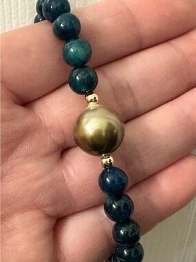 Tahitian Pearl Bracelet Dark Blue Gemstone Beads Golden Pearl Stretchy 7.5” NWOT